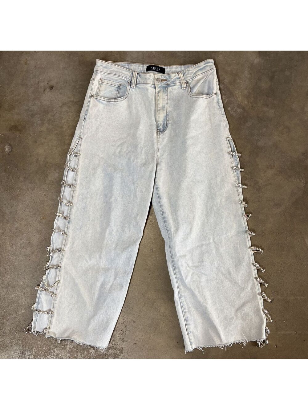 AKIRA Women's Denim Jeans w/ Crystal Embellishments & Raw Hem Size M